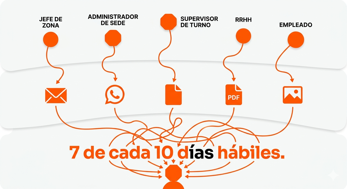 Ilustración del caos de la nómina — novedades llegando de todos lados sin sistema